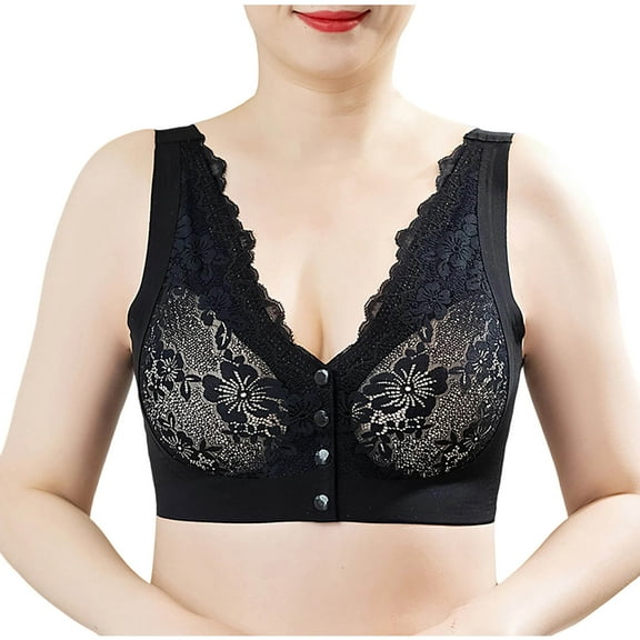 Arnsht Women's Lace Front Open Button Non-Steel Ring Traceless Upper Support Adjustable Underwear Plus Size Daily Bra Black XXXL