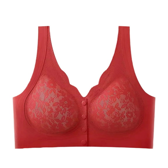 Arnsht Women's Lace Front Open Button Non-Steel Ring Traceless Upper Support Adjustable Underwear Plus Size Daily Bra Red XL
