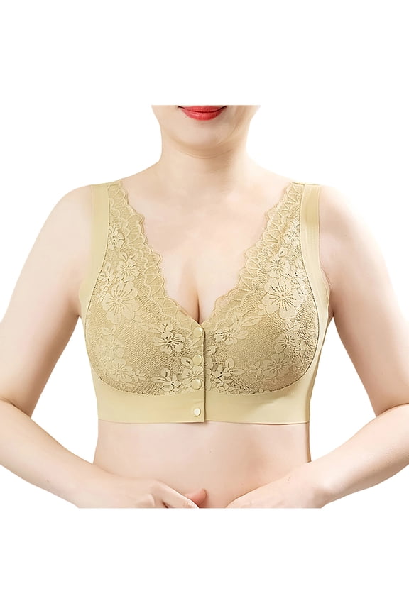 Women's Lace Front Open Button Non-Steel Ring Traceless Upper Support Adjustable Underwear Plus Size Daily Bra Yellow XL
