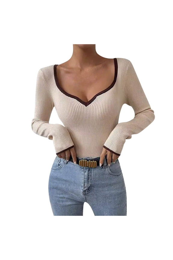 Women's Long Raglan Sleeve Slim Basic Shirts V Neck Sweater Casual Contrast Binding Knit Pullover Tops Beige L