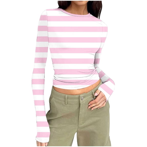 Arnsht Women's Long Sleeve Round Neck Shirts Casual Slim Striped Tops Spring Fall Basic Tight Elastic Business Work Tee Pink M