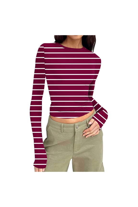 Women's Long Sleeve Round Neck Shirts Casual Slim Striped Tops Spring Fall Basic Tight Elastic Business Work Tee Purple M