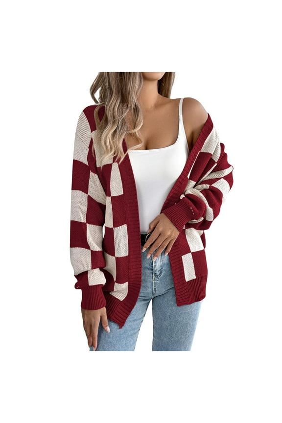 Women's Long Sleeve Sweater Casual Fashion Contrasting Checkered Cardigan Open Front Outerwear Blouses Tops Red L