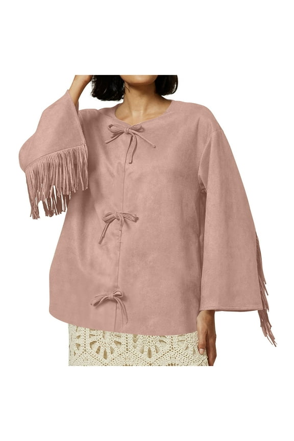 Women's Luxury Clothing Faux Suede Solid Color Tie Bow Long Sleeve Fashion Casual Loose Tassel Round Neck Top Pink S