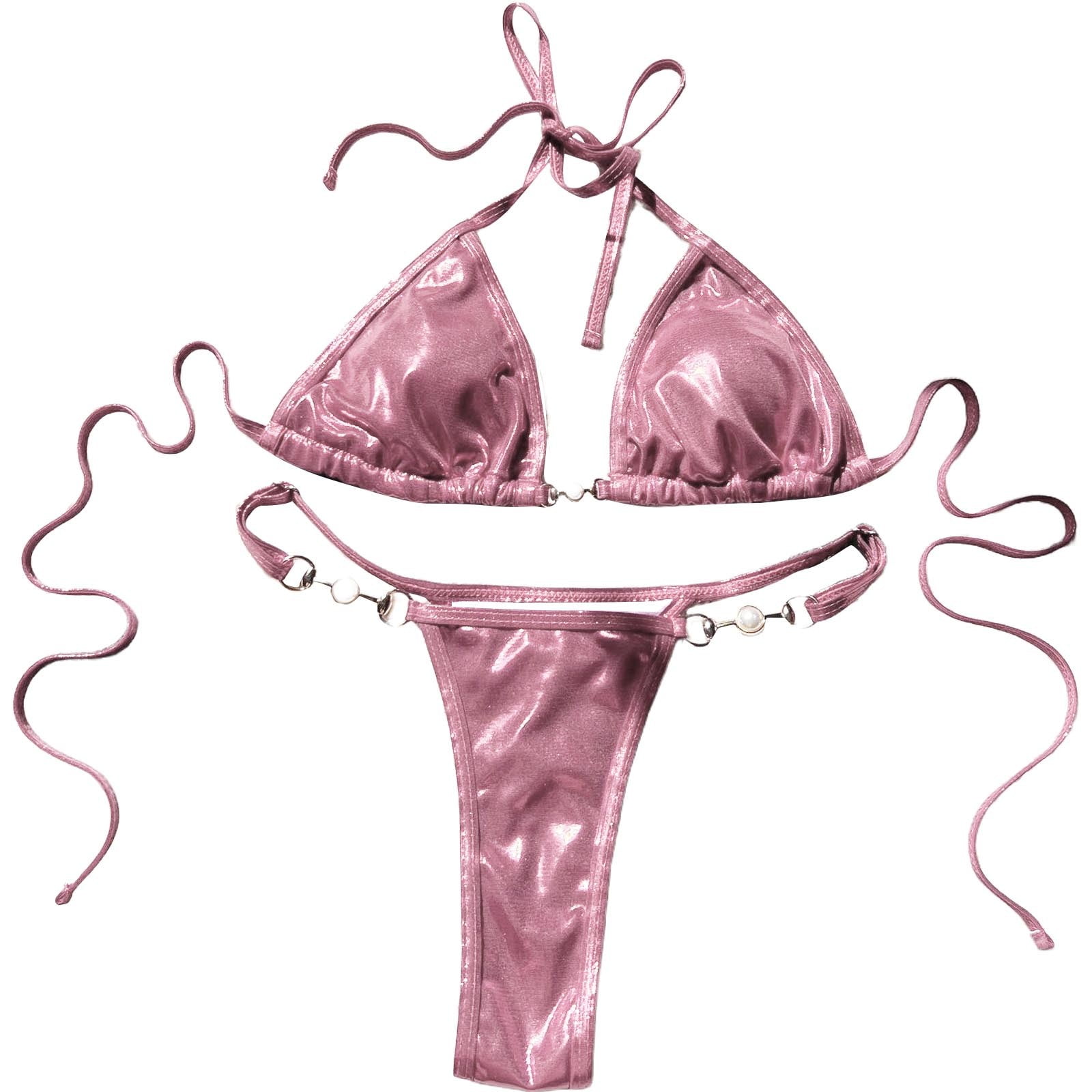 Sparkly Metallic Seashell String Sexy Striped Triangle Two Piece Bikini Set main image 0