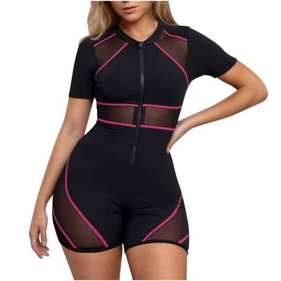 Arnsht Women's New Fashion Colorblock Zipper Front Sport One Piece Swimsuit Short Sleeve Romper Bathing Suit Swimwear Hot Pink S