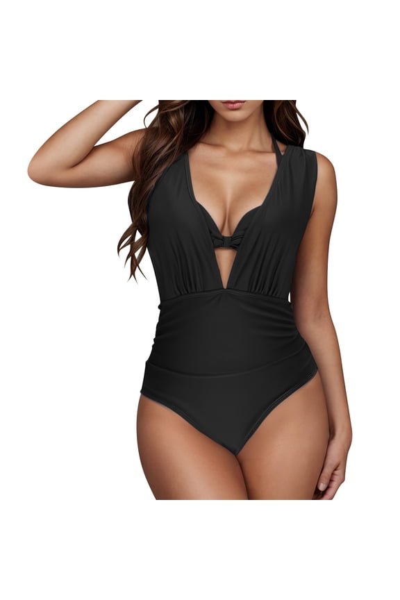 Women's One Piece Swimsuit Halter Plunging Neck Bathing Suit Wide Straps Underwire Ruched Back Hook Solid Color Swimsuits Black S