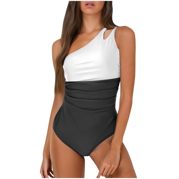 Arnsht Women's One Piece Swimsuit Tummy Control Bathing Suit One Shoulder Cutout Slimming Breathable Comfortable Swimwear White L