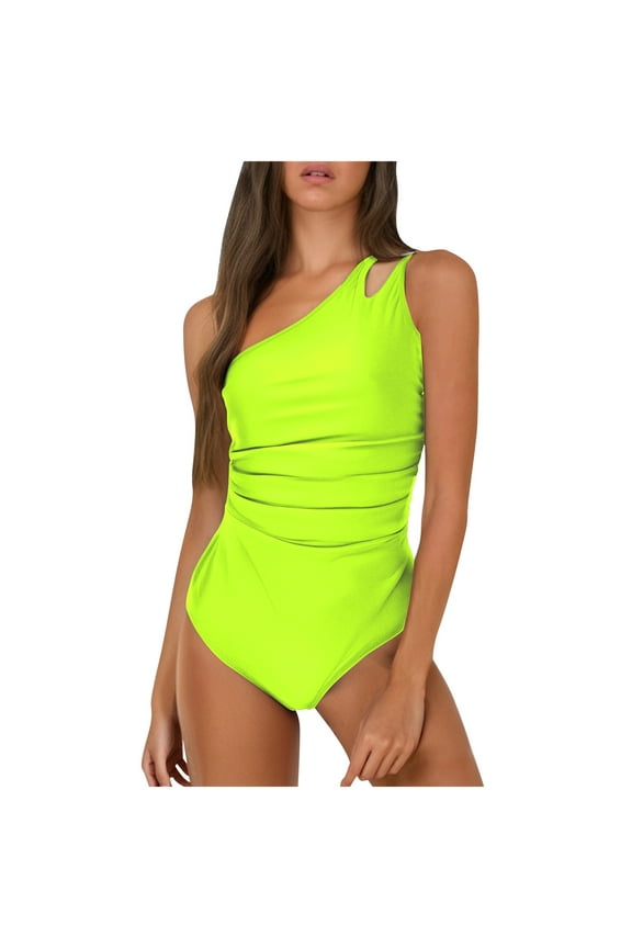 Women's One Piece Swimsuit Tummy Control Bathing Suit One Shoulder Cutout Slimming Breathable Comfortable Swimwear Yellow XL