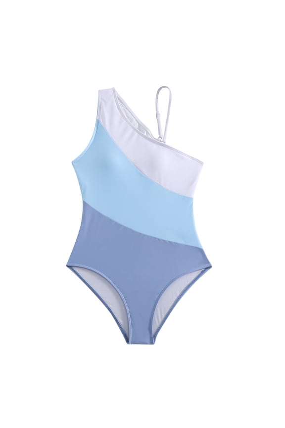 Women's One Piece Tummy Control Swimsuit One Shoulder Bathing Suit Slimming Color Block Stripe Print Swimwear Blue L