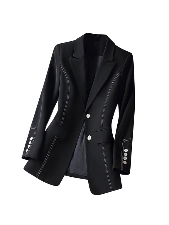 Women's Oversized Double-Breasted Suit Blazer Jacket Top Stitch Long Sleeve Casual Work Office Blazer with Pockets Black M