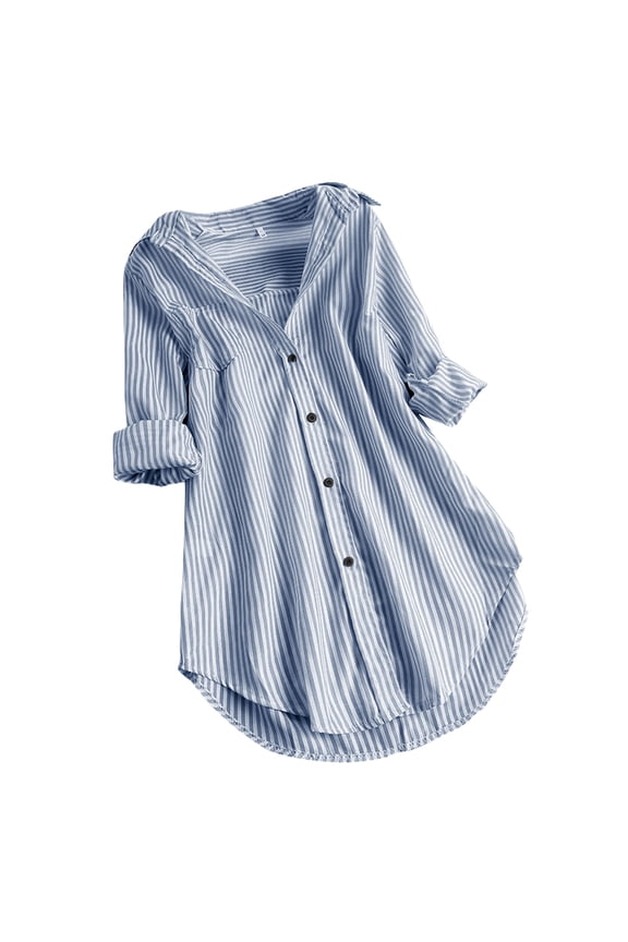 Women's Plus Size Button Down Shirt Dress with Pockets Striped Long Sleeve Tunic Shirt Dress Collared Blouse Dresses Blue L