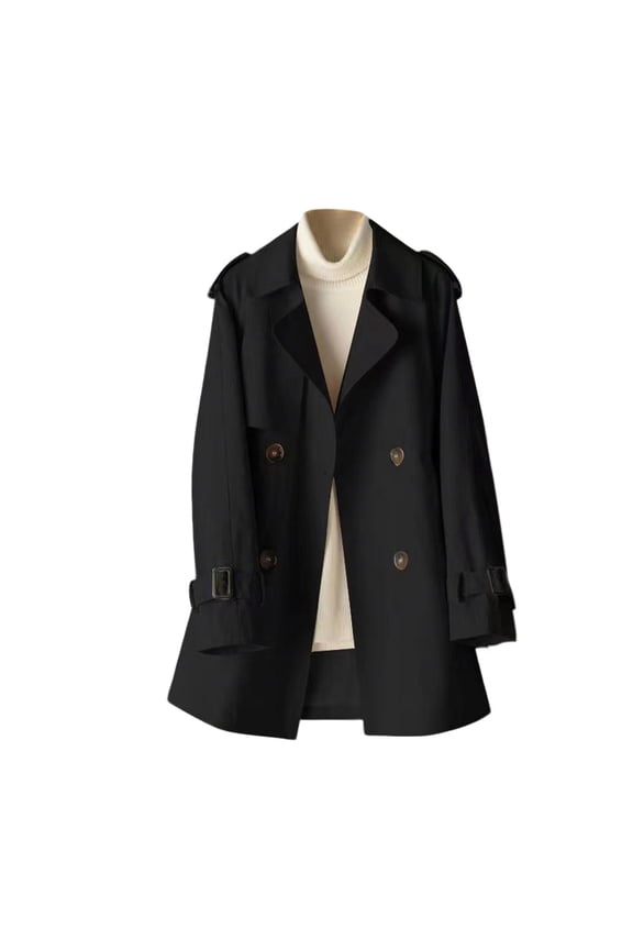 Women's Plus Size Double Breasted Mid-Length Trench Coat Puff Sleeve Lapel Overcoat Windproof Classic Outerwear Black XXXL