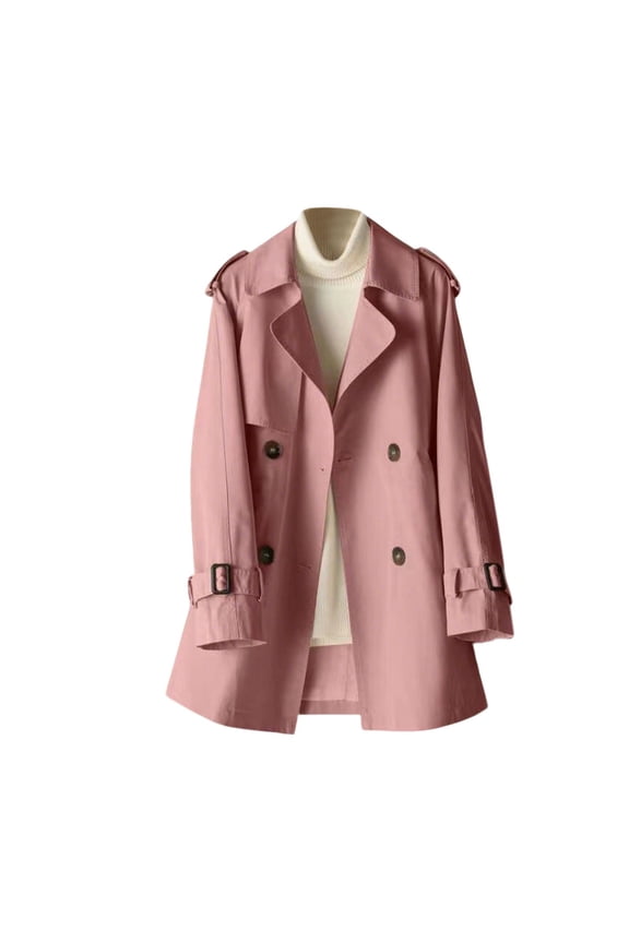 Women's Plus Size Double Breasted Mid-Length Trench Coat Puff Sleeve Lapel Overcoat Windproof Classic Outerwear Pink XXL