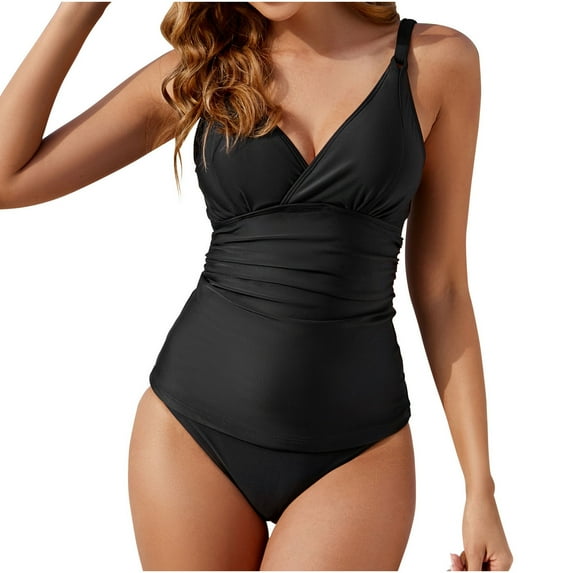 Arnsht Women's Plus Size One Piece Ruched Swimsuit 2025 Tummy Control Bathing Suits Solid Color V Neck Swimwear Black M