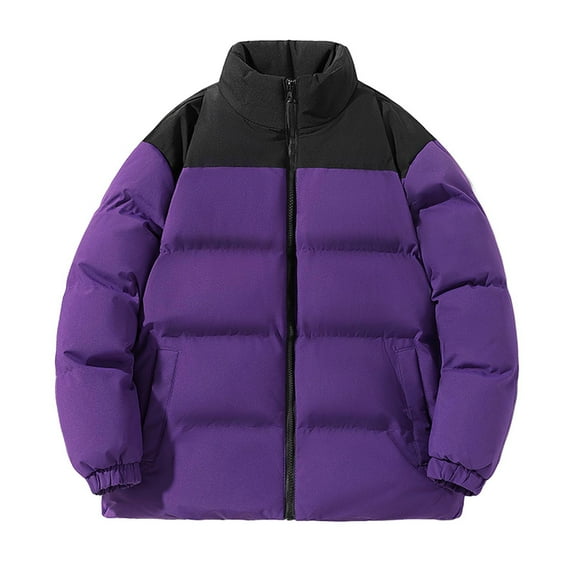 Arnsht Women's Plus Size Puffer Jacket Winter Warm Colorblock Zippered Stand-Up Collar Double Pocket Long Sleeve Lightweight Jackets Coats Purple M
