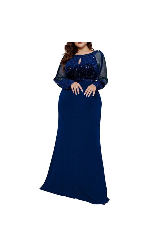 Women's Plus Size Sequin Lace Round-Neck Sheer Long Sleeves Formal Evening Dancing Party Dress Chiffon Long Dress Blue XXXL