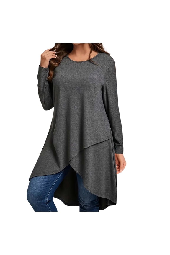 Women's Plus Size Tops Long Sleeve Wrap Front Split Casual Crewneck Asymmetrical Tunic Top Blouse Gray XXL