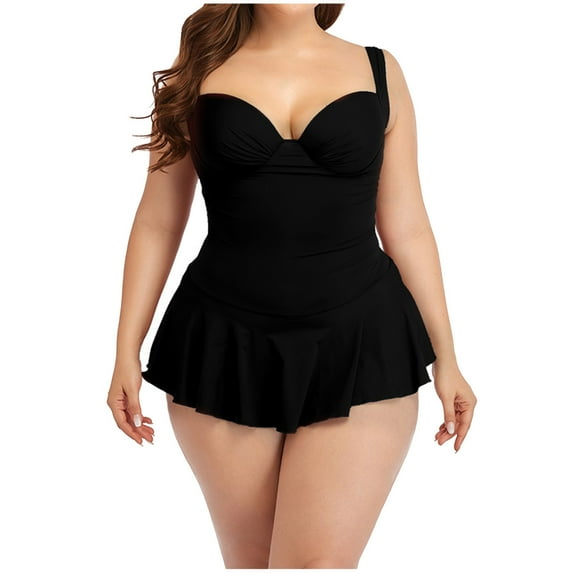 Arnsht Women's Plus Size Underwired Low Back Ruffle One Piece Swimsuit Summer Solid Color Loose Comfortable Breathable Oversized Swimsuit Black L