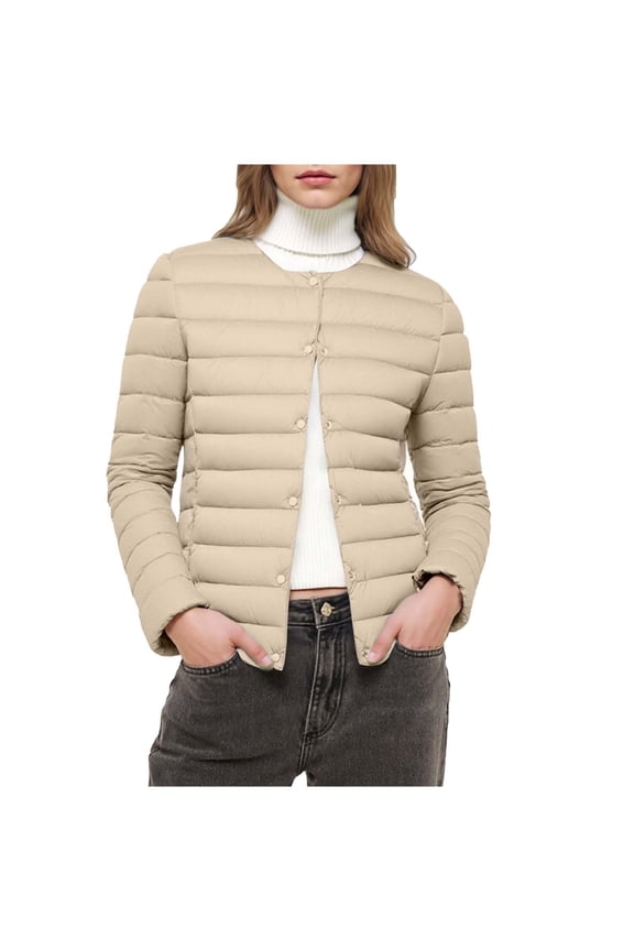 Women's Quilted Lightwight Puffer Jacket, Collarless Down Jacket Coats with Pockets, Warm Jacket Winter Coat Beige M