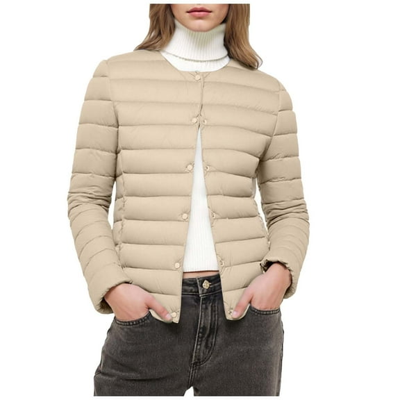 Arnsht Women's Quilted Lightwight Puffer Jacket, Collarless Down Jacket Coats with Pockets, Warm Jacket Winter Coat Beige S