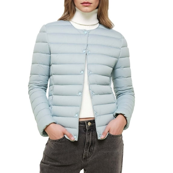 Arnsht Women's Quilted Lightwight Puffer Jacket, Collarless Down Jacket Coats with Pockets, Warm Jacket Winter Coat Blue M