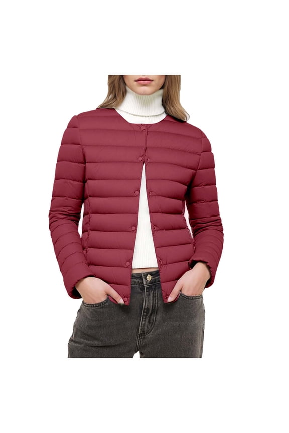 Women's Quilted Lightwight Puffer Jacket, Collarless Down Jacket Coats with Pockets, Warm Jacket Winter Coat Red S