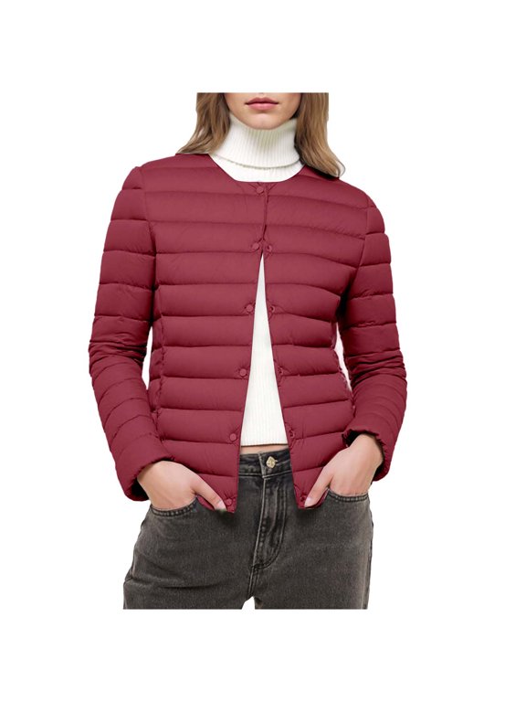 Women's Quilted Lightwight Puffer Jacket, Collarless Down Jacket Coats with Pockets, Warm Jacket Winter Coat Red XXXXL