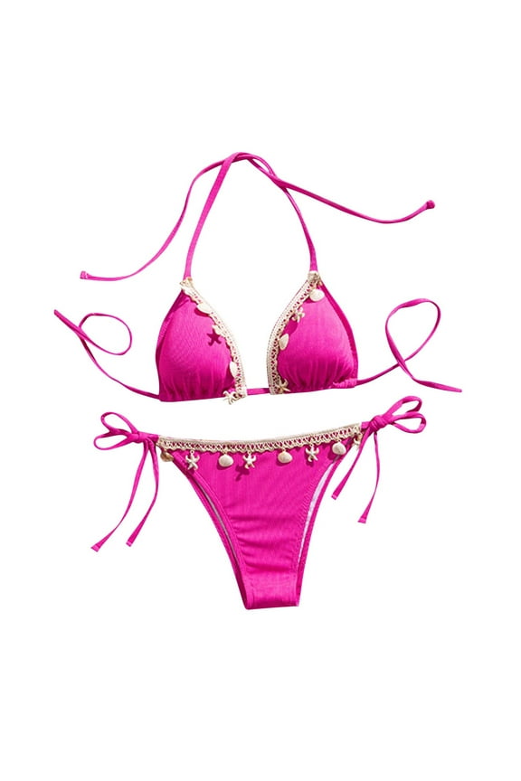 Women's Shell Decoration Triangle Split High Waist Bikini Bathing Suit Halter High Waist Summer Swimsuit Bikinis Set Hot Pink L