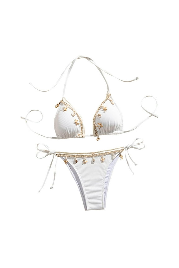 Women's Shell Decoration Triangle Split High Waist Bikini Bathing Suit Halter High Waist Summer Swimsuit Bikinis Set White S