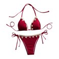 thumbnail image 1 of Arnsht Women's Shell Decoration Triangle Split High Waist Bikini Bathing Suit Halter High Waist Summer Swimsuit Bikinis Set Wine M, 1 of 6