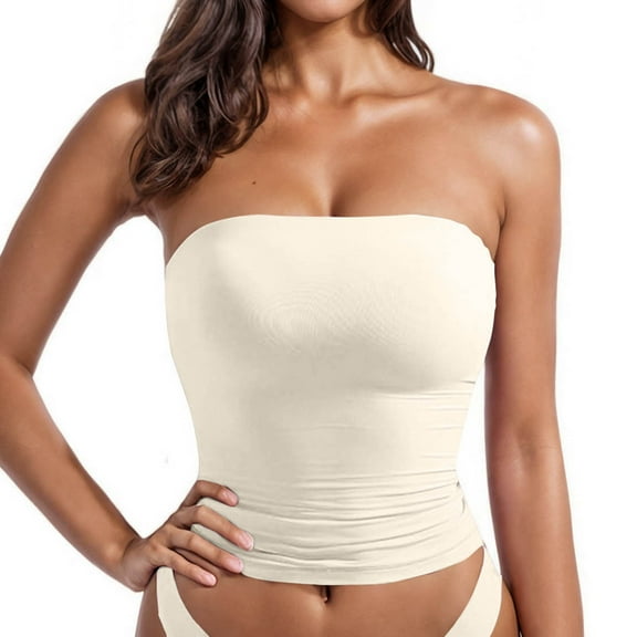 Arnsht Women's Solid Casual Summer Ruched Side Backless Soft Comfort Breathable Double Layered Tube Top with Built in Bra White M