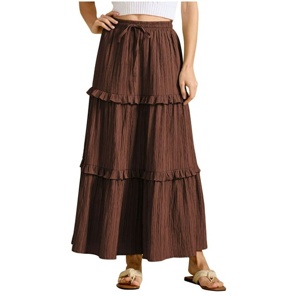 Arnsht Women’s Solid Color A-Line Midi Skirts Casual Elastic High Waist Flowy Swing Pleated Beach Boho Long Skirt with Pocket Brown S