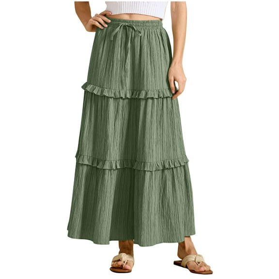 Arnsht Women’s Solid Color A-Line Midi Skirts Casual Elastic High Waist Flowy Swing Pleated Beach Boho Long Skirt with Pocket Green L
