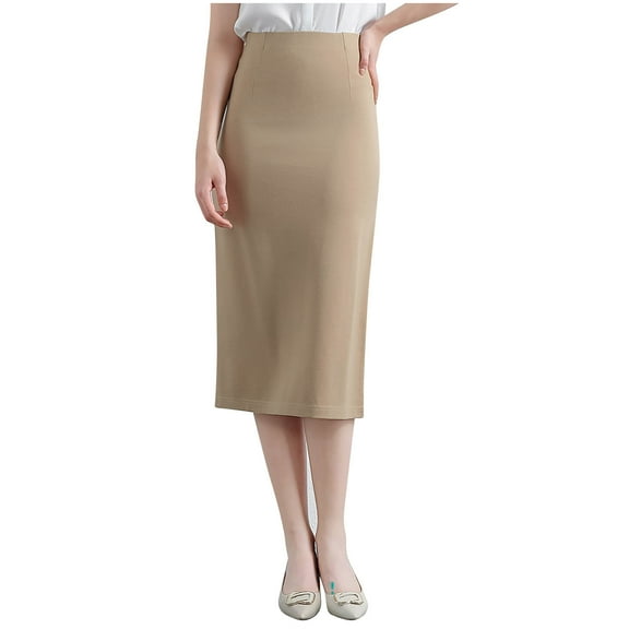 Arnsht Women’s Solid Color Basic Stretch Pencil Skirt Slim Elegant Regular and Plus Size Below Knee Office Skirt Beige L