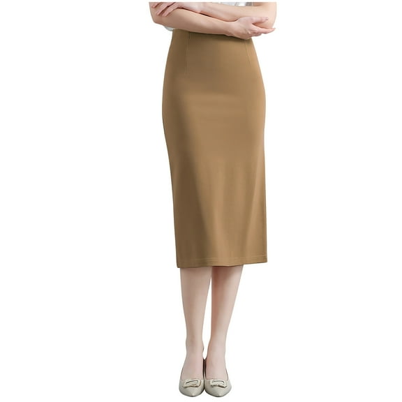 Arnsht Women’s Solid Color Basic Stretch Pencil Skirt Slim Elegant Regular and Plus Size Below Knee Office Skirt Brown L