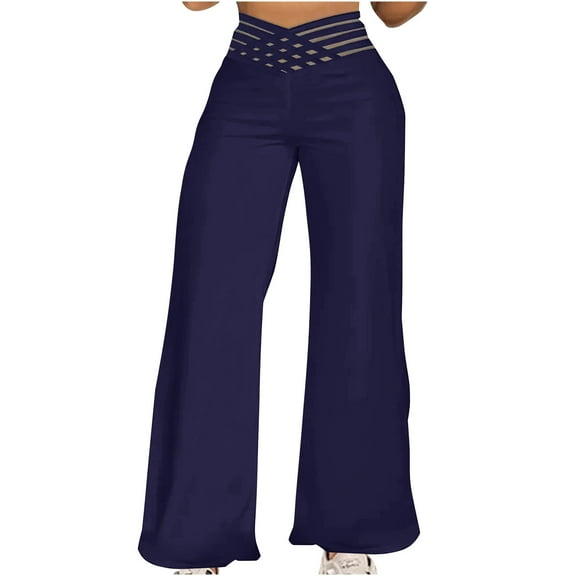Arnsht Women's Solid Color Hollow Belt High Waist Casual Straight Loose Comfortable Breathable Trousers Wide Leg Pants Blue S