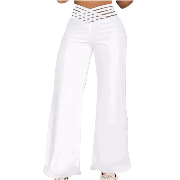 Arnsht Women's Solid Color Hollow Belt High Waist Casual Straight Loose Comfortable Breathable Trousers Wide Leg Pants White XXXL
