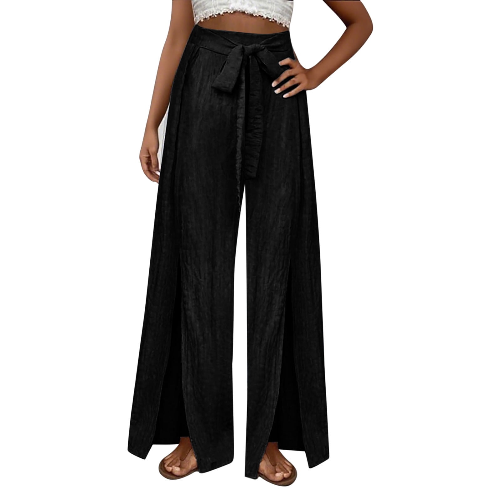 Ladies New Solid Color Belted Loose Wide Leg Slit Elegant Straight Pants