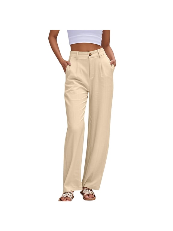 Women's Solid Color Office Business Casual Pants High Waist Wide Leg Straight Dress Cotton Linen Pants Button Trousers Beige M