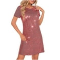 thumbnail image 1 of Arnsht Women's Sparkly Sequin T Shirt Dress Short Sleeve Crewneck 2025 Loose Glitter Party Club Mini Dresses Red L, 1 of 8