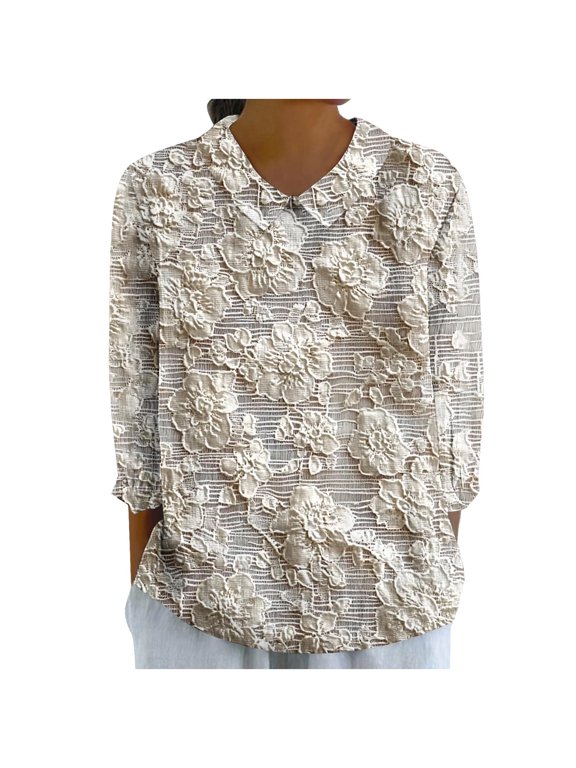 Women's Stereoscopic Printing Dressy Casual Lace Blouse Long Sleeve Button Up Shirts Tops Spring Fall Fashion Clothes Beige XXL