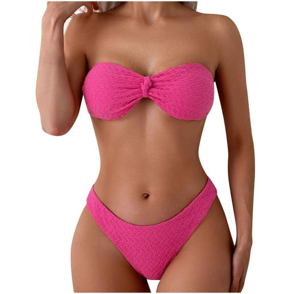 Arnsht Women's Strapless Bikini Openwork Textured Bow Ruched Lace Up High Cut Bandeau Swimsuit Comfortable Breathable Solid Bathing Suits Hot Pink XL