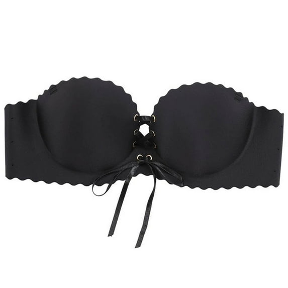 Arnsht Women's Strapless Front Strap Back Buckle Bra Thin Breathable Non-Slip Padded Bandeau Bras Wavy Trim Seamless Tube Top Black 34/75AB