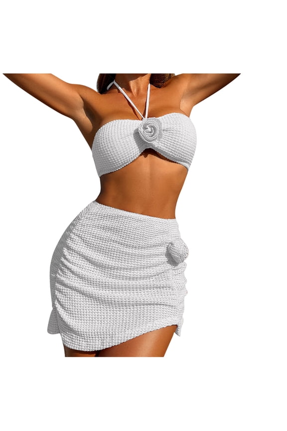 Women's Strapless High Cut Bikini Set 3D Rosette Flower 3 Piece Soft Comfortable Breathable Summer Beach Vacation Swimsuit White L