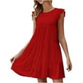 thumbnail image 1 of Arnsht Women's Summer Casual Dresses Sleeveless Ruffle Sleeve Round Neck Solid Patchwork Loose Short Flowy Pleated Mini Dress Red XL, 1 of 6
