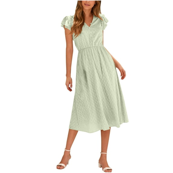 Arnsht Women's Summer Cotton Linen Midi Dress Solid Color Short Sleeve V Neck Button Elastic Waist Hollow Out Dress A Line Lace Dresses Green M
