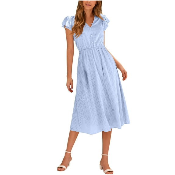 Arnsht Women's Summer Cotton Linen Midi Dress Solid Color Short Sleeve V Neck Button Elastic Waist Hollow Out Dress A Line Lace Dresses Sky Blue S