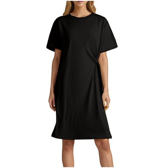 Arnsht Women's Summer Crew Neck Short Sleeve Midi Tshirt Dresses Solid Color Casual Tunic Dress with Pockets Black L