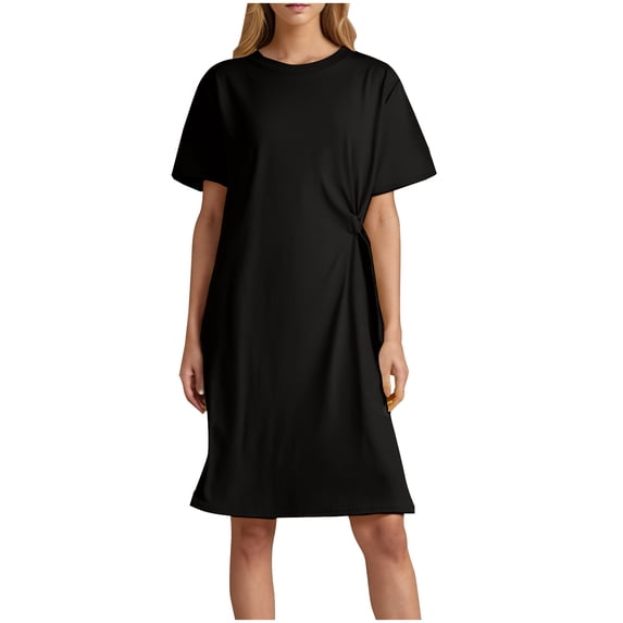 Arnsht Women's Summer Crew Neck Short Sleeve Midi Tshirt Dresses Solid Color Casual Tunic Dress with Pockets Black XXXL